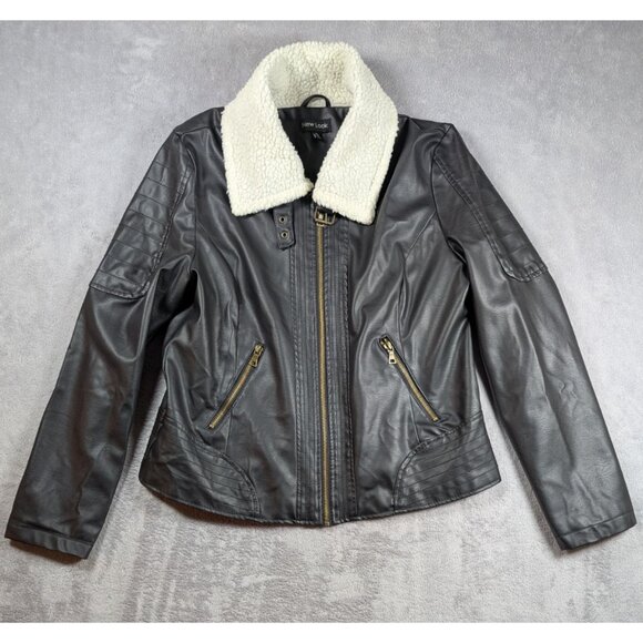 New Look Faux Leather Jacket Womens Size XL Black Sherpa Collar Streetwear City - Picture 1 of 7